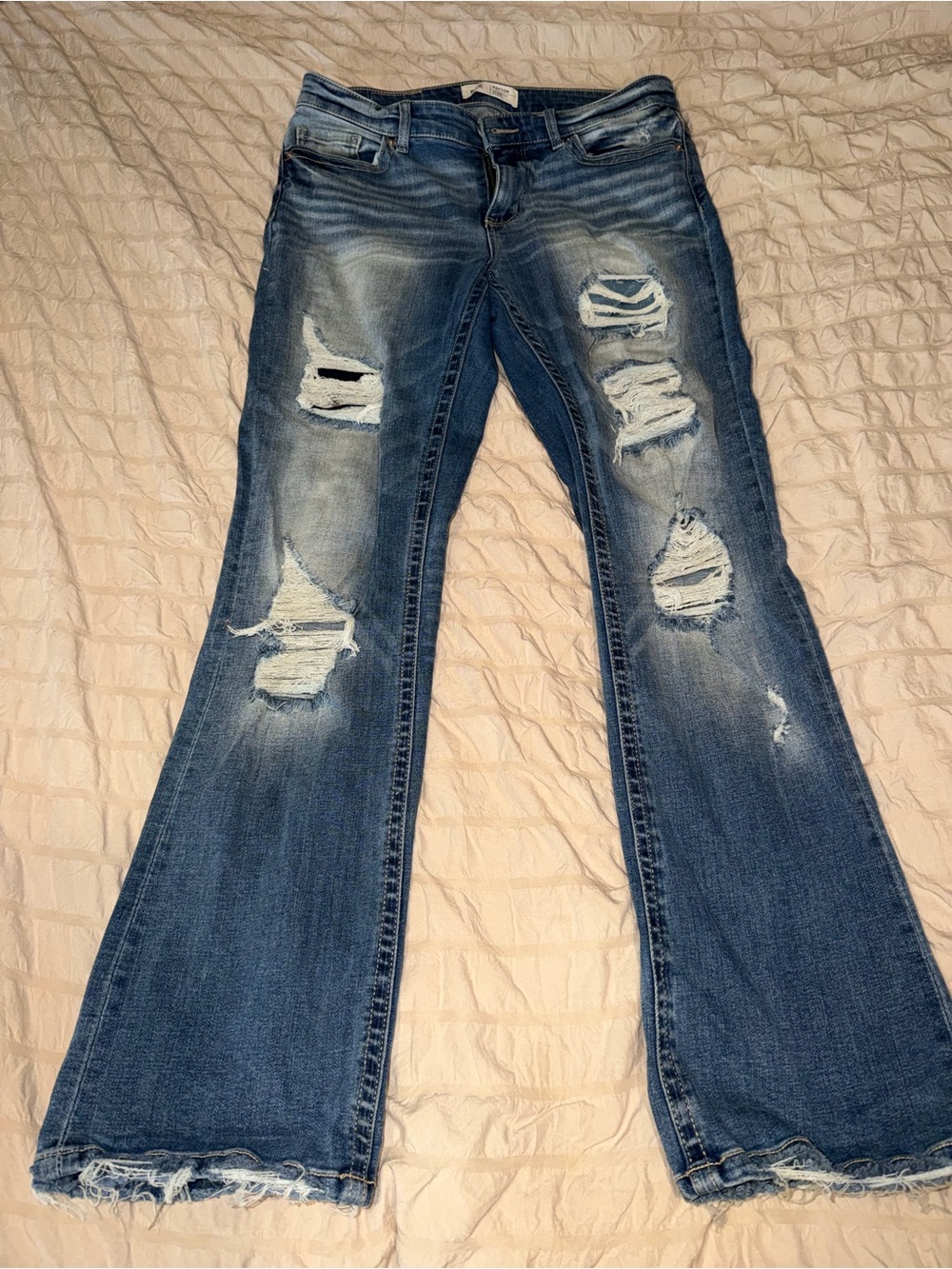 Buckle Distressed Flare Jeans - Medium Blue